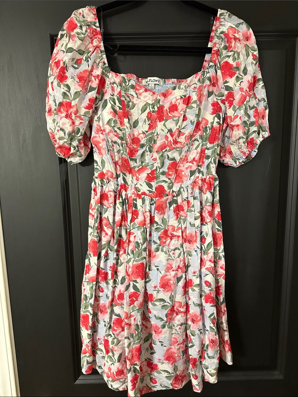 Floral Puff-Sleeve woman’s Dress in Red and Green